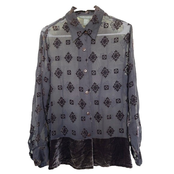Jessica Holbrook Burnout Velvet Sheer Button Down Blouse, Rayon/Silk Small, BOHO - Picture 1 of 8